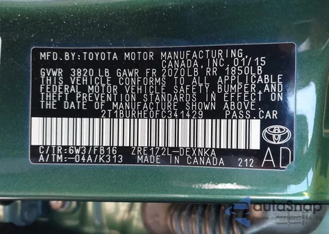 2015 Toyota Corolla Le from USA, damaged, VIN 2T1BURHE0FC341429
